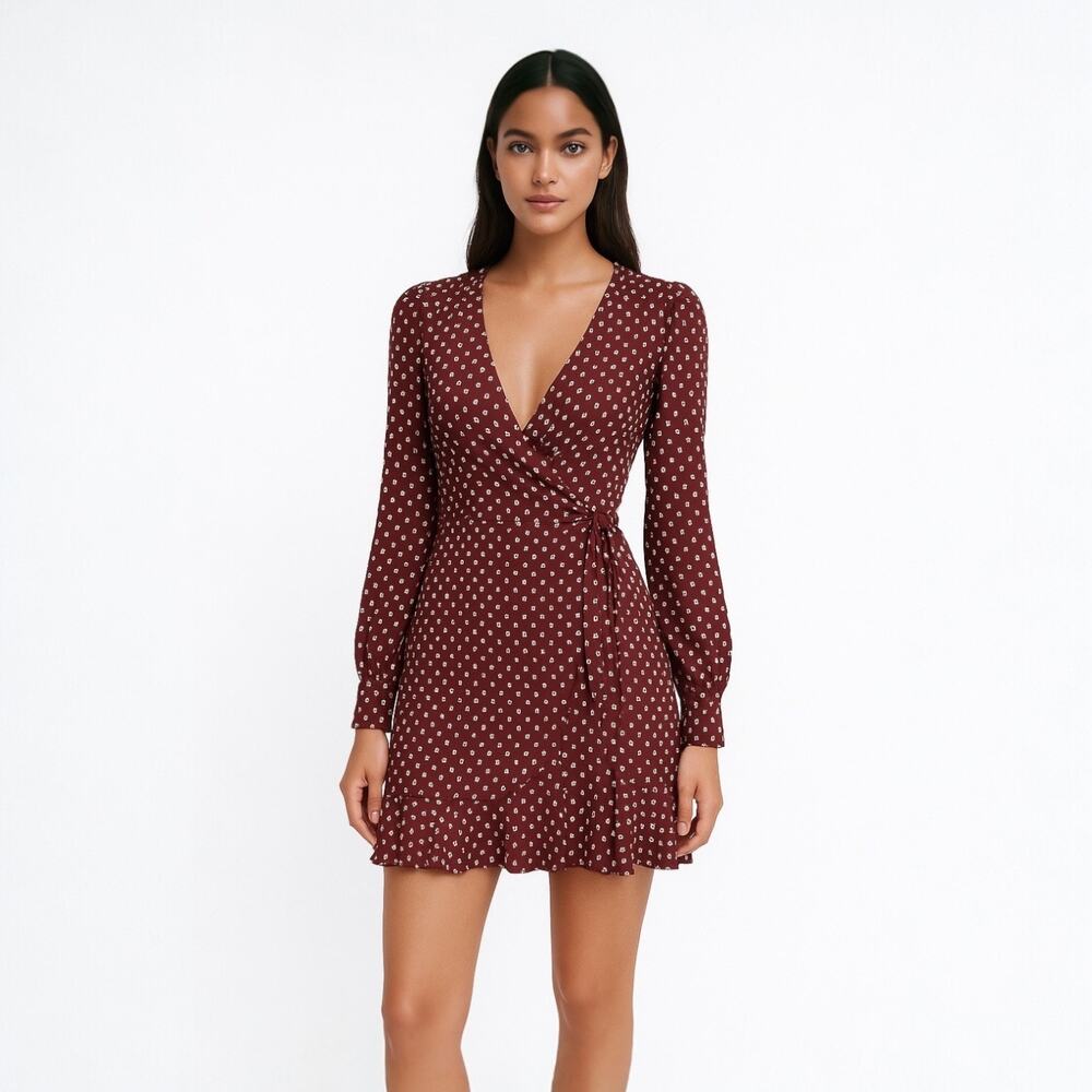 Abercrombie & Fitch Red Floral Plunge V-Neck Long Sleeve Mini Wrap Dress XXS